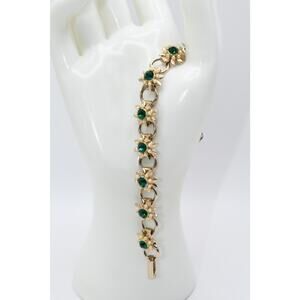 Vintage 1950s Green Rhinestone Faux Pearl Flower Link Bracelet Gold Tone